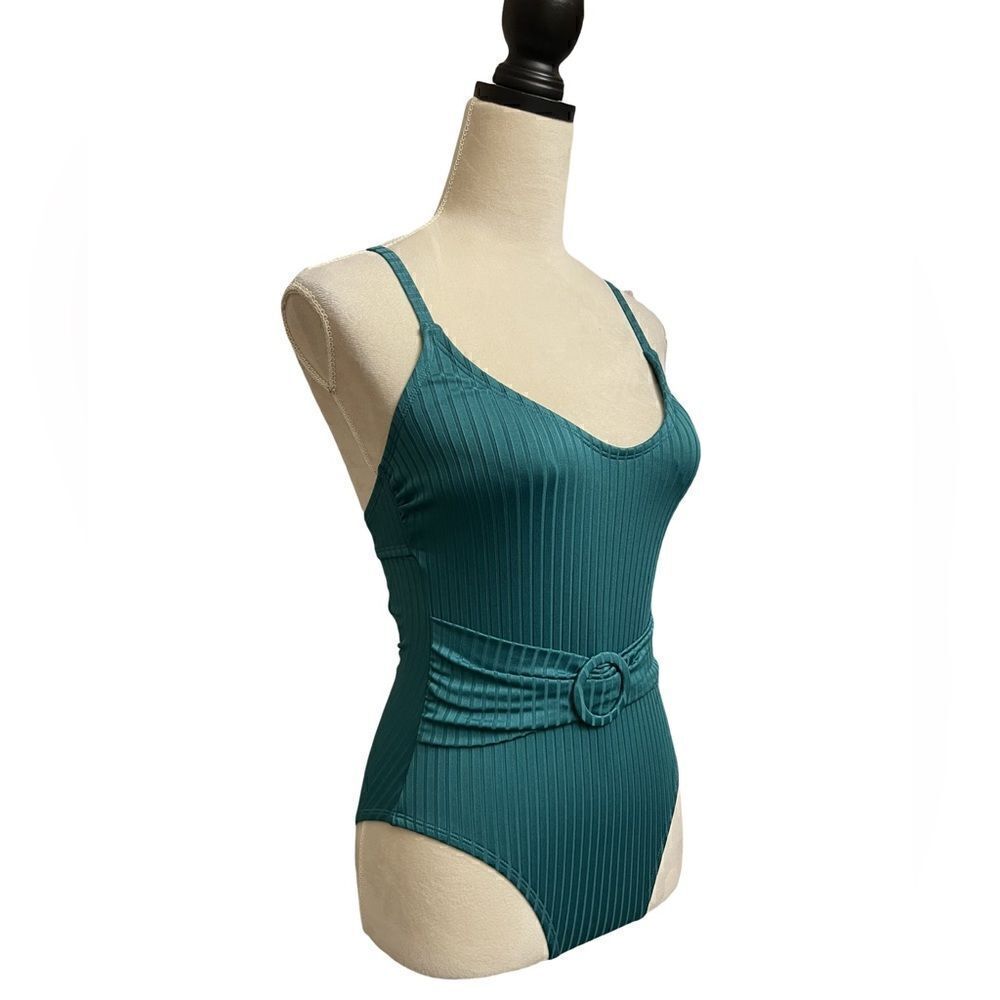 Freshwater Swim Green Ribbed Belted One Piece w/O-Ring & V-Neck (Size: XS)